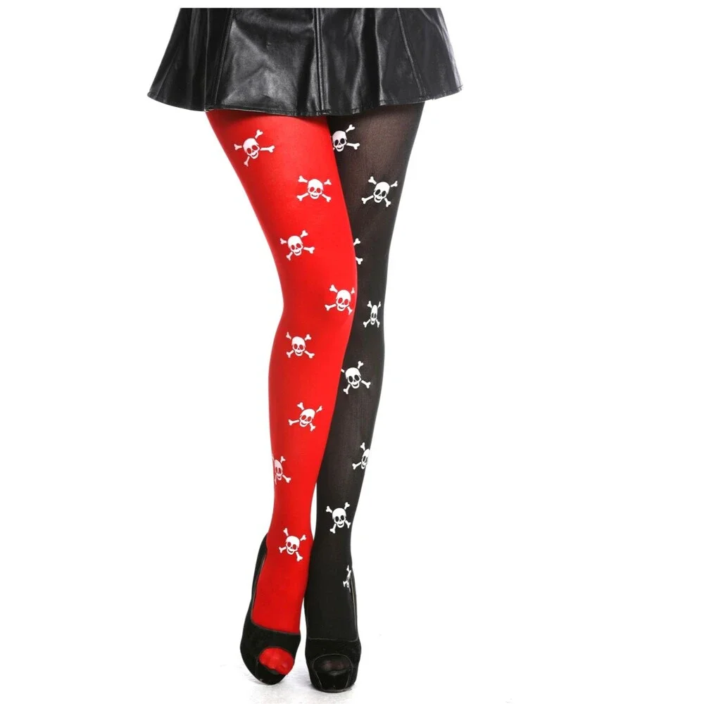 Red Black Skull Crossbones Thigh High Stockings Harlequin Goth Punk Costume